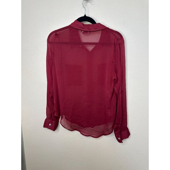 About A Girl‎ Womens Maroon Blouse L Sheer Button-Up Long Sleeve 100% Polyester - Picture 2 of 7